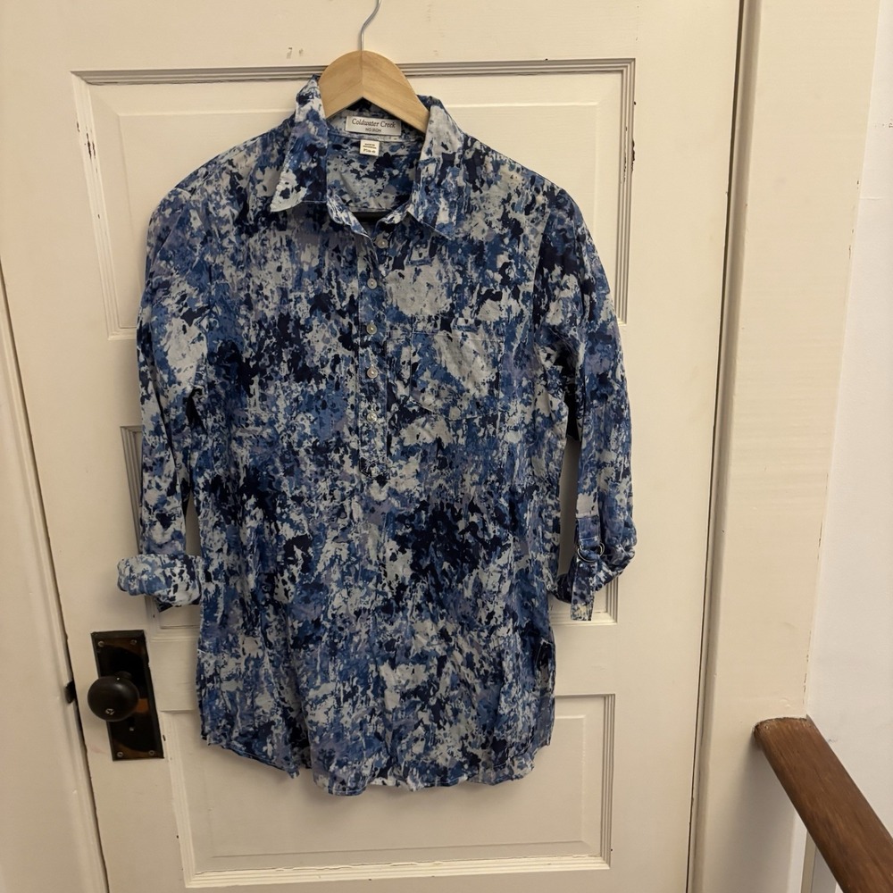 Coldwater Creek Collared Blue Cotton Tunic Roll Ran Sleeves Pocket Size PS (6-8)
